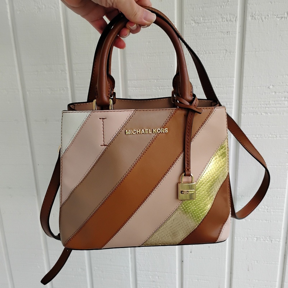 Michael Kors Adele Medium Messenger Satchel Leather Purse Colorblock Gold Metal